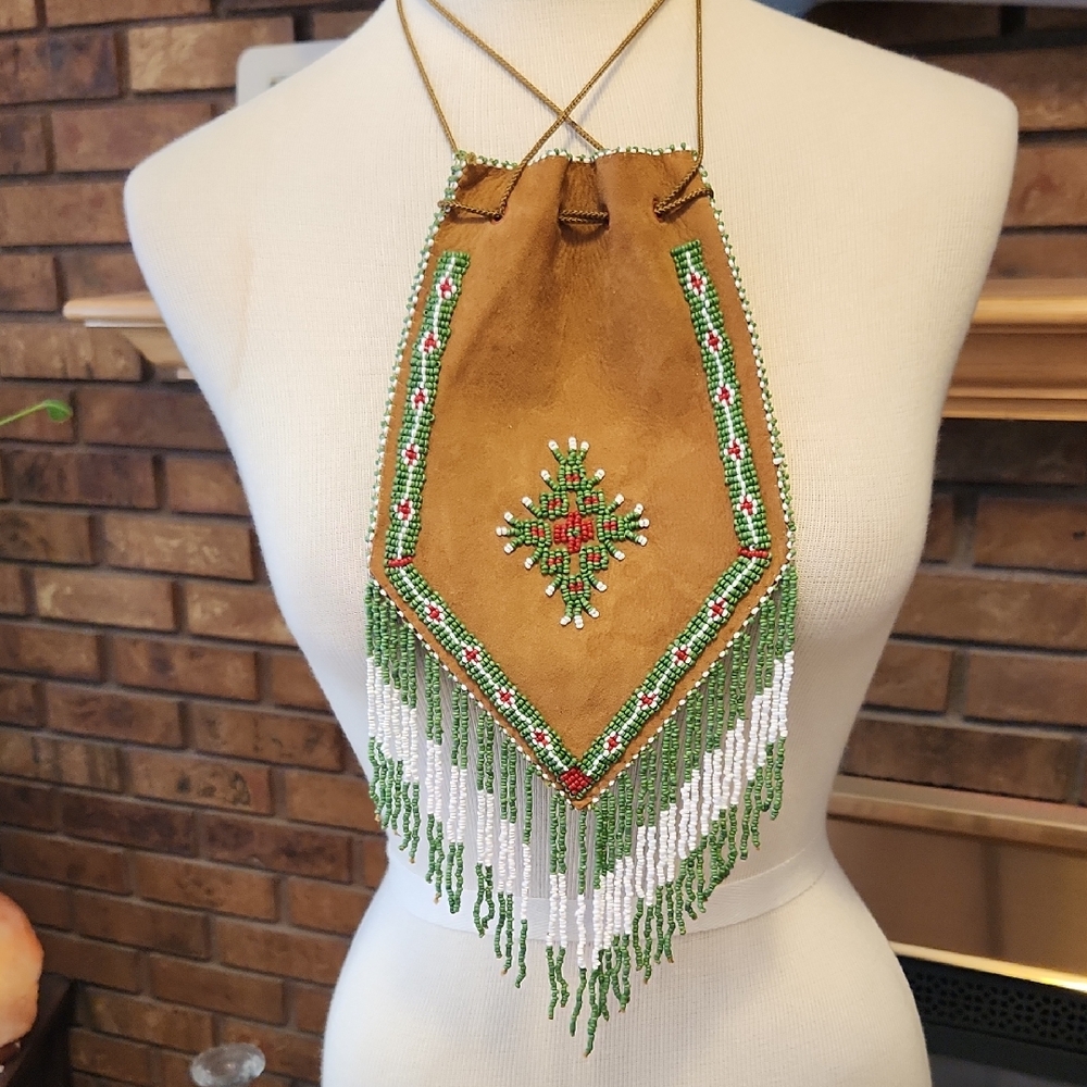 Native American Beaded Hide Pouch Southwestern Festival Drawstring Closure